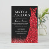 Red Dress Red Glitzer Gown 60. Geburtstagsparty Einladung (Stehend Vorderseite)