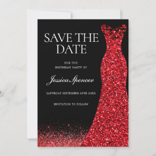 Red Dress Red Glitzer Gown Birthday Save the Date Einladung