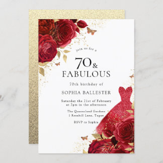 Red Dress & Rose Gold Glitzer 70. Geburtstag Einladung