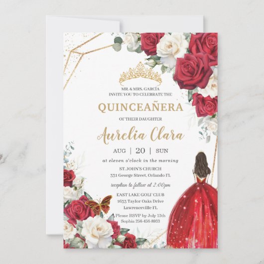 Red Dress White Roses Floral Girl Gold Quinceñera Einladung (Vorderseite)