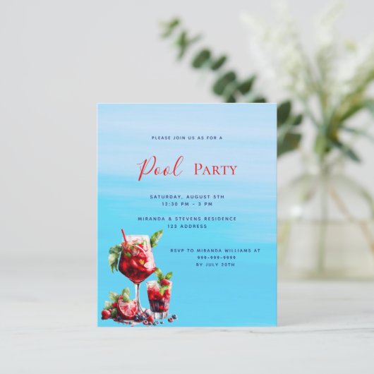Red Drinks Blue Water Budget Pool Party Einladung (Stehend Vorderseite)