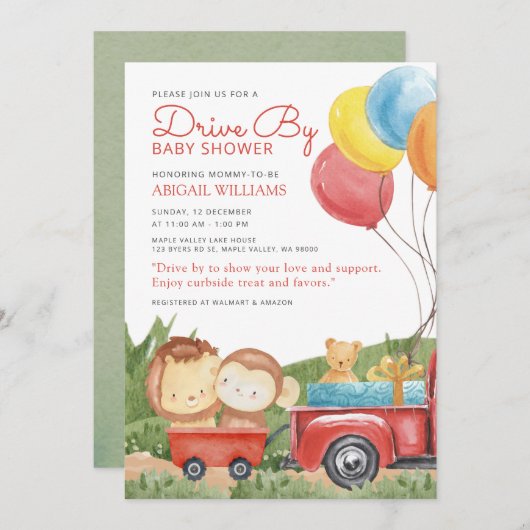 Red Drive-By Woodland Animals Truck Baby Shower Einladung (Vorne/Hinten)