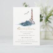 RED DUSKY BLUE LIGHTHOUSE MEA WEDING REZEPTION BEGLEITKARTE (Stehend Vorderseite)