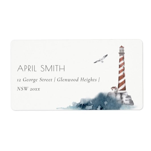 RED DUSKY BLUE LIGHTHOUSE SEA WAVES ADDRESS ETIKET (Vorne)