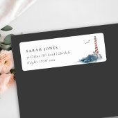 RED DUSKY BLUE LIGHTHOUSE SEA WAVES ADDRESS ETIKET