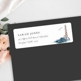 RED DUSKY BLUE LIGHTHOUSE SEA WAVES ADDRESS ETIKET