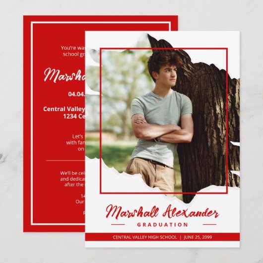 Red Edgy Abstrakt Torn Foto Abschluss Einladung (Vorne/Hinten)