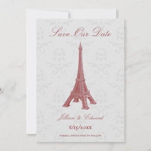 Red Eiffel Tower Damask Ankündigung Datum freihalt (Vorderseite)