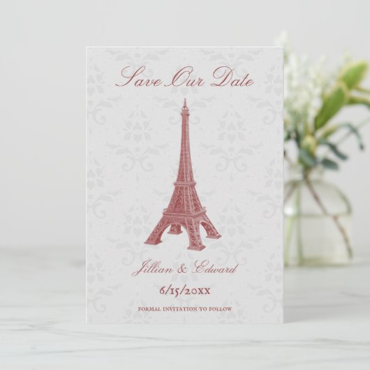 Red Eiffel Tower Damask Ankündigung Datum freihalt (Stehend Vorderseite)
