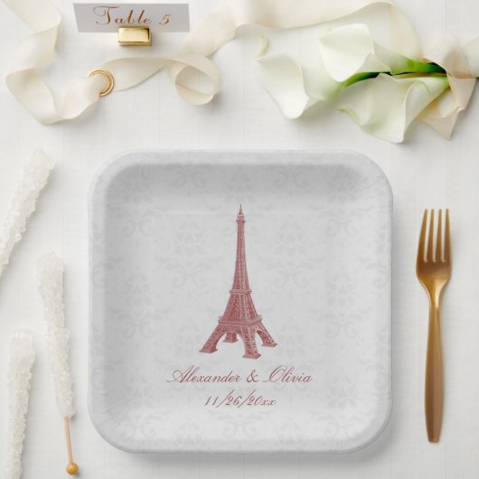 Red Eiffel Tower Damask Brautdusche Pappteller (Hochzeit)