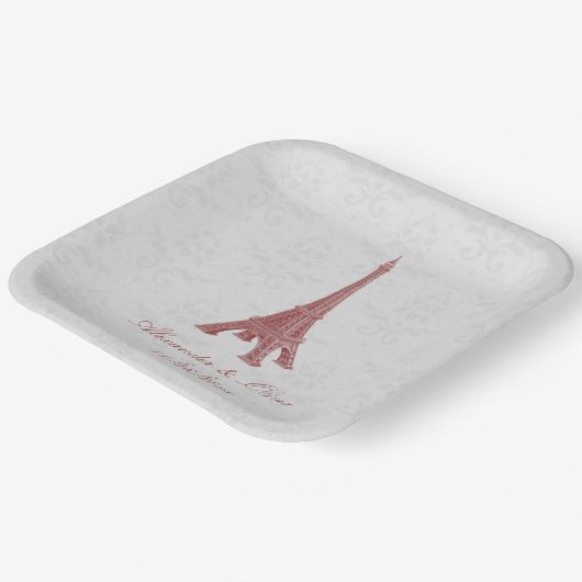 Red Eiffel Tower Damask Brautdusche Pappteller (Gewinkelt)