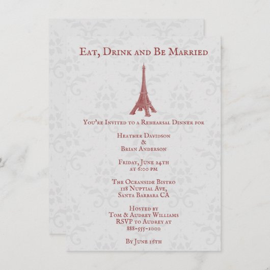 Red Eiffel Tower Damask Probe Dinner Einladung (Vorne/Hinten)