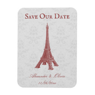 Red Eiffel Tower Damask Speichern das Date Magnet