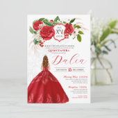 Red Elegance Bold Rose Wappen Formal Quinceañera Einladung (Stehend Vorderseite)
