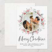 Red Elegant Botanical Wreath Weihnachtsschrift Feiertagskarte (Vorne/Hinten)