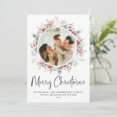 Red Elegant Botanical Wreath Weihnachtsschrift Feiertagskarte (Stehend Vorderseite)