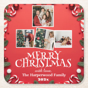 Red Elegant Frohe Weihnachtsfamilie Foto Collage Rechteckiger Pappuntersetzer