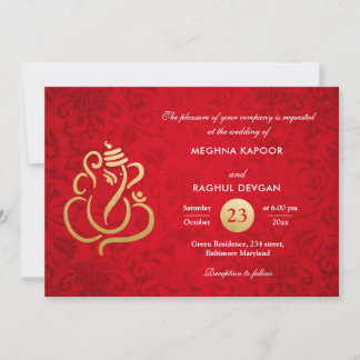 Red Elegant Gold Foil Ganesha Indian Damask Einladung