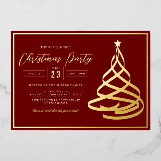 Red Elegant Gold Tree Weihnachten Party Folieneinladung (Vorderseite)