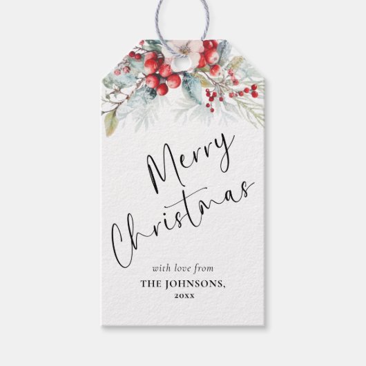 Red Elegant Handwriting Script | Berries Weihnacht Geschenkanhänger (Vorderseite)