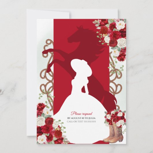 Red Elegant Rustikaler Western Charro Quinceanera Einladung (Rückseite)