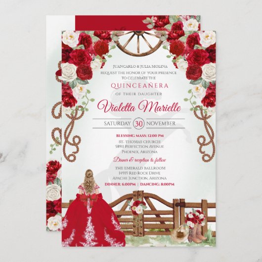 Red Elegant Rustikaler Western Charro Quinceanera  Einladung (Vorne/Hinten)