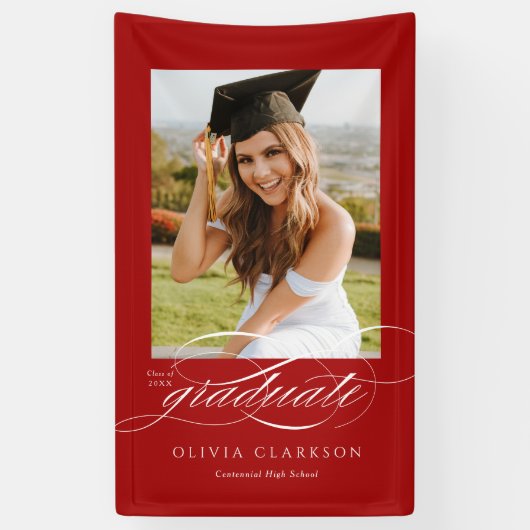 Red Elegant Script Abschluss Foto Party Banner (Vertikal)