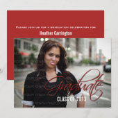 Red Elegant Script Foto Abschluss Einladung (Vorne/Hinten)