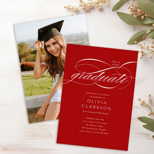 Red Elegant Script Foto Graduation Party Einladung