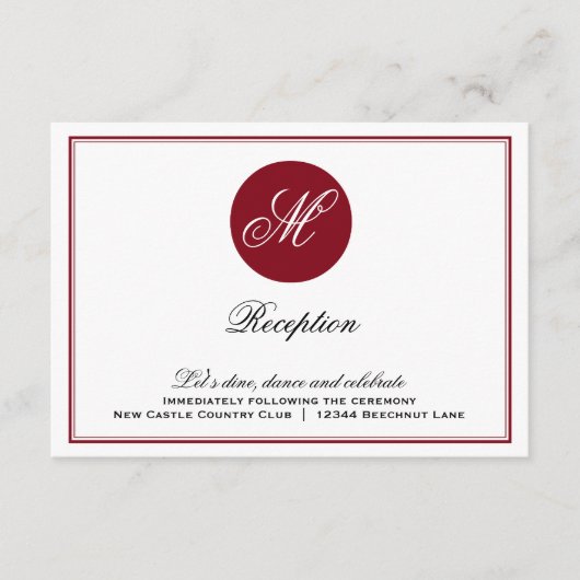 Red Elegant Script Monogram Empfang Card Begleitkarte (Vorderseite)