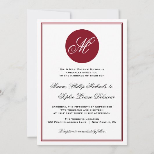Red Elegant Script Monogram Wedding Einladung (Vorderseite)