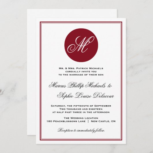 Red Elegant Script Monogram Wedding Einladung (Vorne/Hinten)
