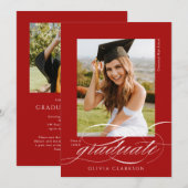 Red Elegant Script QR Code Foto Graduation Party Einladung (Vorne/Hinten)