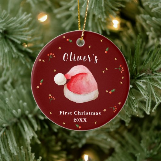 Red Elegant Weihnachtsmannmütze Baby's First Chris Keramik Ornament (Baum)
