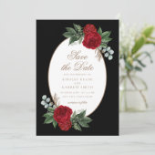 Red Elegante Black & Gold Wedding Save The Date (Stehend Vorderseite)