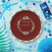 Red Elegante Christmas Holly Watercolor Goldene Fa Pappteller (Party)