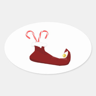 Red Elf Slipper mit Candy Canes Oval Sticker