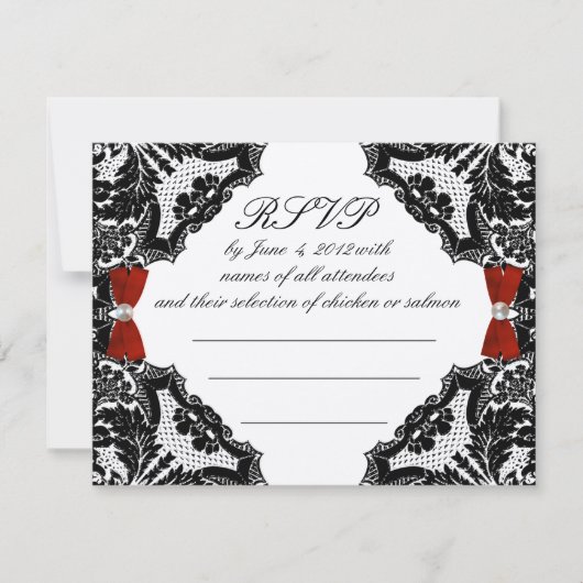 Red, Elfenbein und Black Lace Wedding RSVP (Vorderseite)