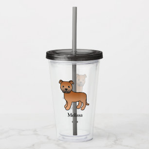 Red English Staffie Niedlich Cartoon Dog & Name Acryltrinkbecher
