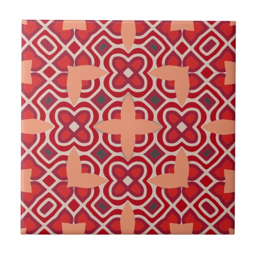 Red Ethnic Bohemisch Arabesque Geometric Pattern Fliese (Vorderseite)