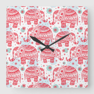Red Ethnic Elephant Pattern Quadratische Wanduhr