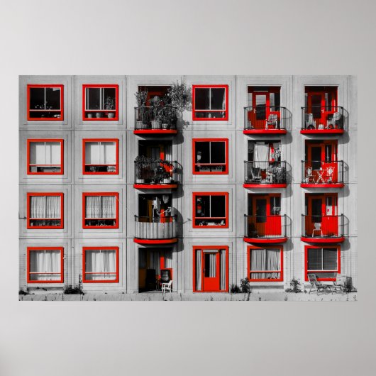 Red Facade Zuidoost Balcony Gebäude Fotografie Poster (Vorne)