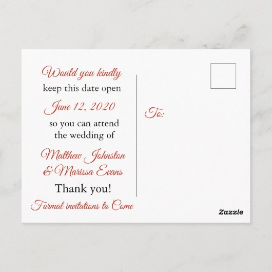 Red Fade Crackle Save the Date Postcard Postkarte (Rückseite)