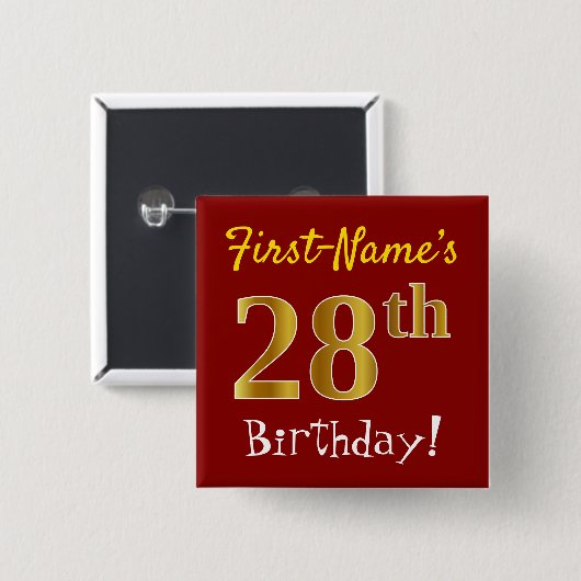 Red, Falsch Gold 28th Birthday, With Custom Name Button (Vorne & Hinten)