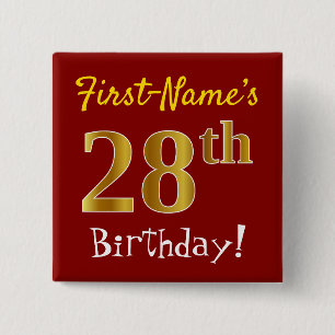 Red, Falsch Gold 28th Birthday, With Custom Name Button