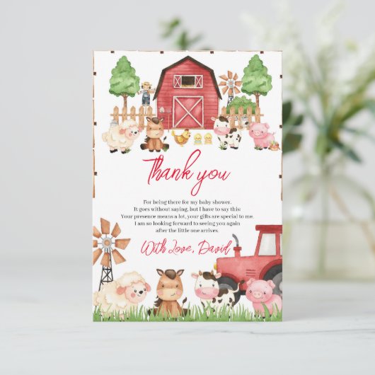 Red Farm Animals Baby Dusche Dankeskarte (Stehend Vorderseite)