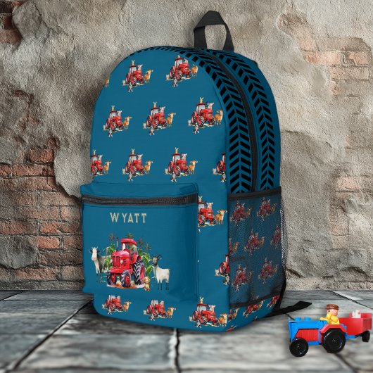 Red Farm Tractors Kids Personalized Teal Blue Bedruckter Rucksack