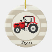 Red Farm Traktor auf Tan Stripes Keramik Ornament (Hinten)