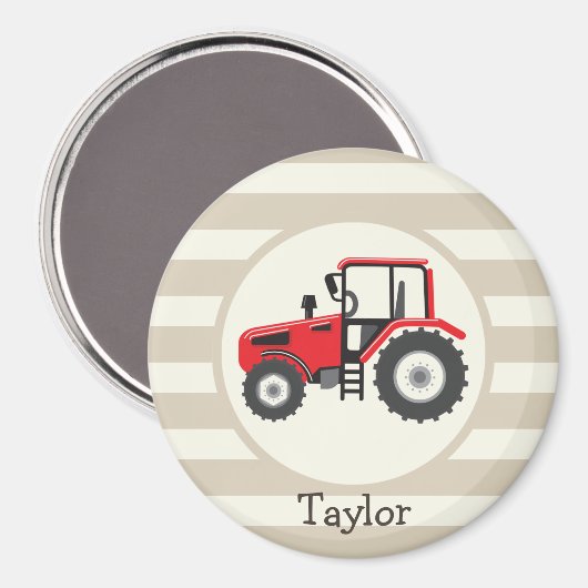 Red Farm Traktor auf Tan Stripes Magnet (Vorderseite/Rückseite)