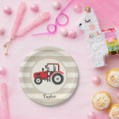 Red Farm Traktor auf Tan Stripes Pappteller (Party)